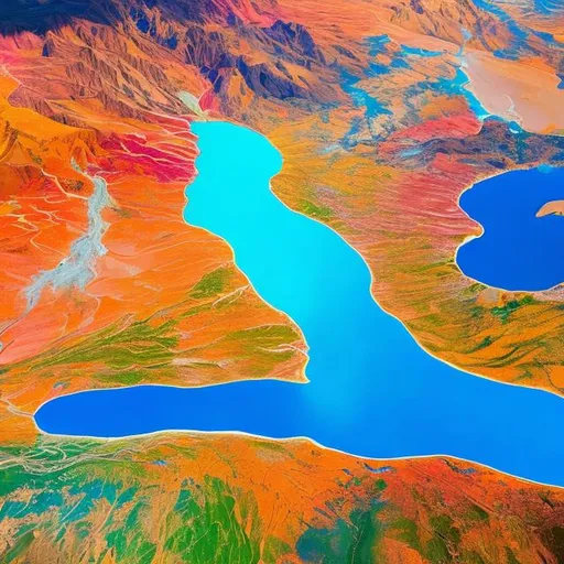 Prompt: A sky view of a colorful lakes and rivers flowing through the deser