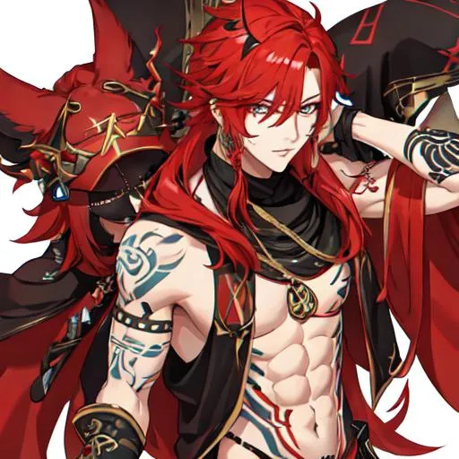 Prompt: Zerif 1male (Red hair covering his right eye) with tattoos

