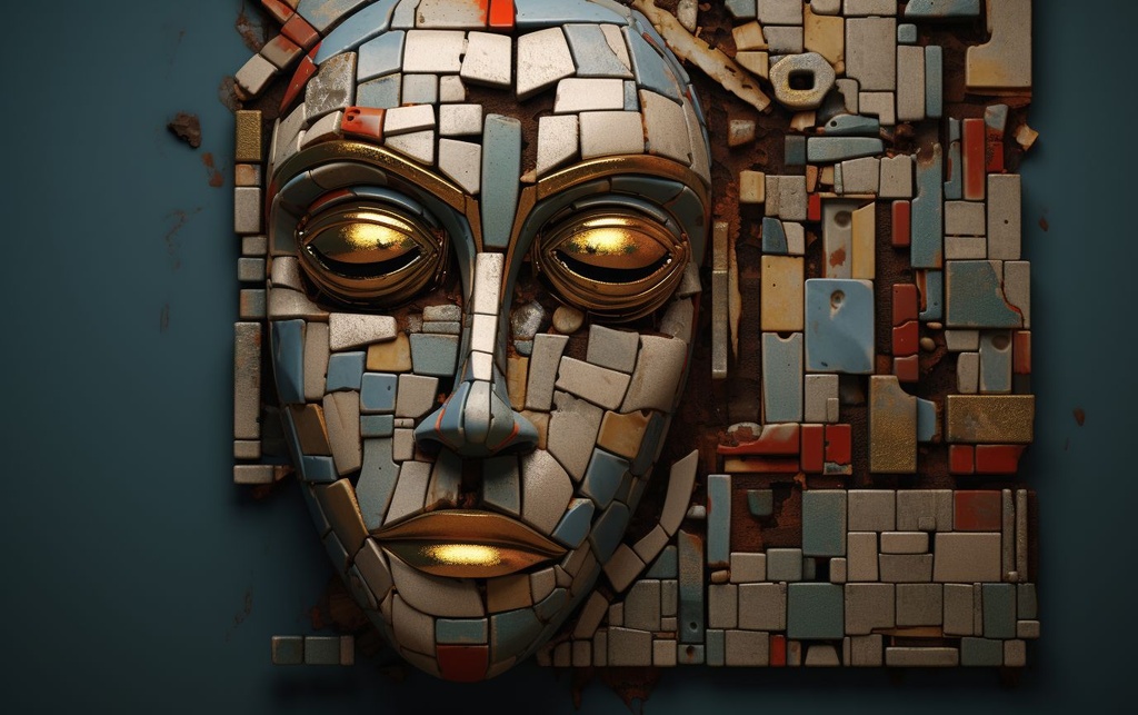 Prompt: a sculpture made with a mixture of different materials, in the style of futuristic digital art, strong facial expression, detailed backgrounds, puzzle-like pieces, relief, bryce 3d, human-canvas integration