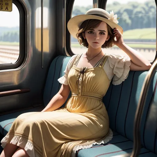 Prompt: old time photo of young emma Watson, dressed with 1920s very short hair, wearing a summer hat, long, flowing, spring dress, sitting on train, raw photo, photorealistic, High Detail, dramatic, UHD, HDR raw photo, realistic, sharp focus, 8K high definition, insanely detailed, intricate, high quality, 