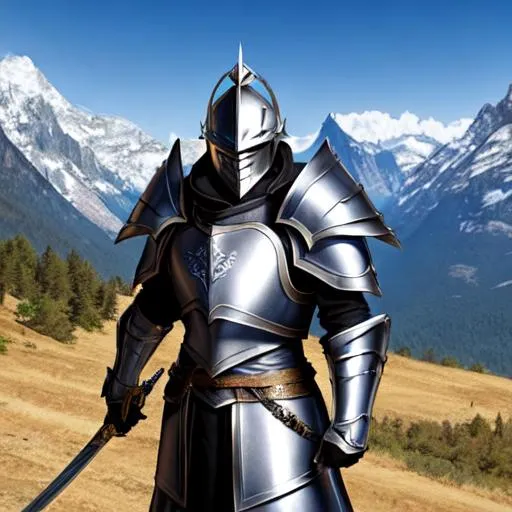 Prompt: A paladin holding a sword. Silver plate armor, he wears an helmet. Mountains in background.
Well draw 