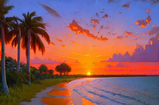 Prompt: Florida landscape at sunset in the style of peder mork monsted