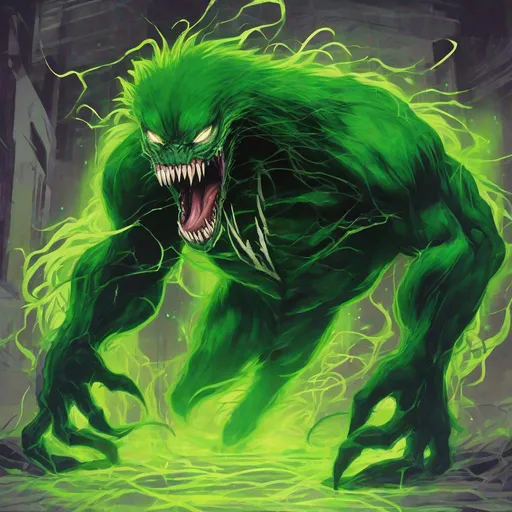 Prompt: A Beast, Antivenom Salve, vivid venomous green fur, glowing with toxic promise, masterpiece, best quality, in contemporary art style