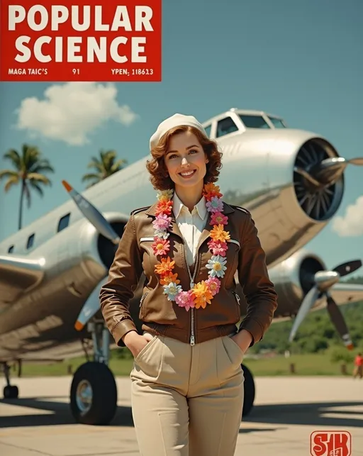 Prompt: Staged ("Popular Science" Magazine cover) with red banner and (white lettering that reads "Skye Weatherly: Hawaii in 15 hours!"), Stunningly beautiful (famed aviatrix Skye Weatherly), standing with heroic confidence at the Honolulu Airport in front of a silver metallic Douglas DC-3. Her buxom curvy figure is showcased in a (brown leather bomber jacket) with silver wing insignia, (white silk blouse), (khaki slacks), and (tan leather boots & gloves), a (jauntily worn white beret) & (multiple colorful flower leis) contrasts against her silky Auburn hair. Burbank airport on a (sunny Hawaii day), vibrant blue skies, palm trees gently swaying in the background, 8K resolution, ultra-detailed, high-quality image, capturing the essence of 1930s adventure and resilience.