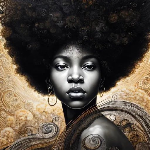 Prompt: black skin, wide hazel eyes, A woman showcasing her talent for the flute, gracefully playing it while her long, afro black hair cascades around her. The artwork portrays exquisite intricacy, capturing every fine detail with a stunning beauty. It unfolds against a captivating backdrop of swirling, vibrant colors, immersing the viewer in a visually striking composition. This highly detailed piece exudes vividness, with a palette of bright and vibrant hues of yellow that evoke a sense of energy and joy, centered
