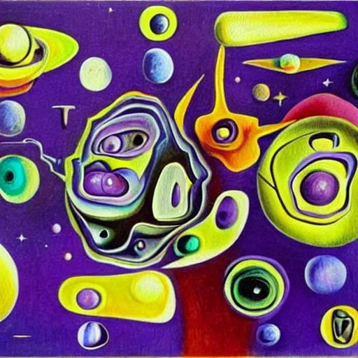 Prompt: An abstract cubism realistic painting of extraterrestrial aliens from all over the galaxy on a purple planet with three Suns above them and 6 moons The weird colorful aliens are all smoking and drinking playing golf. The golf course is the other planets around them. Salvador Dali style with hidden items and riddles placed deep into the painting 