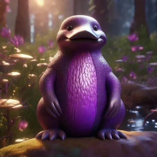 Prompt: Enchanted purple and brown platypus in the Fairyland Forest, Sitting upright on hind legs, Perched like a bird, with arms in a comfortable position, Furry, close-up, textured, Faded, game icon, bright colors, surrealism, golden hour sun lighting, Hyperrealistic textures, intricate details, architectural visualization, Corona render, 8k