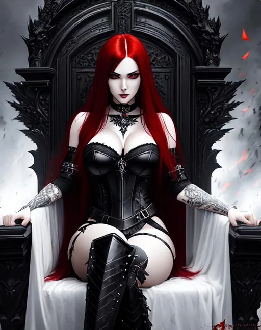 Prompt: portrait, hell, demon, 20 years old, long red hair with black highlights, black conjunctiva with red iris, unholy armor, elbow on knees hands together, seatting on a the hell throne, parted bangs, ethereal, royal vibe, highly detailed, digital painting, Trending on artstation, Big Eyes, artgerm, highest quality stylized character concept masterpiece, award winning digital 3d oil painting art, hyper-realistic, intricate, 64k, UHD, HDR, image of a gorgeous, beautiful, dirty, highly detailed face, hyper-realistic facial features, perfect anatomy in perfect composition of professional, long shot, sharp focus photography, cinematic 3d volumetric