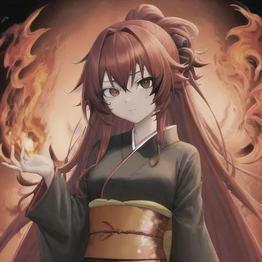 Prompt: anime girl with long thick scarlet hair and one scarlet and one black eye in a kimono dress with fire