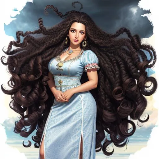 Prompt: a woman with long curly hair by Mark Summers.  +symmetrical eyes, +fine lines, +eyes, +mouth, +hands, +feet,
+long modest dress, 
+weather and clouds,
+HDR, +8k, +UHD, 
+Ensure good overall design,
+Ensure good overall composition,
+Ensure good proportions,