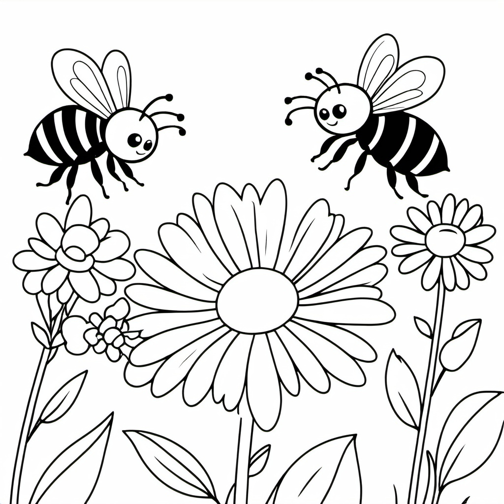 B W Coloring Book Page Bee Pollinating Flowers Lin b-w-coloring-book-page-bee-pollinating-flowers-lin