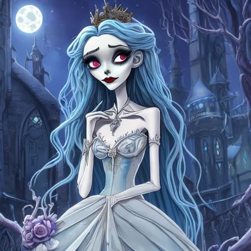 Prompt: a cartoon picture of a woman dressed in a wedding dress, corpse bride art style, prosthetic, blue moonlight, by Zoë Mozert, featured on artstation, ever after high, severed limbs, is totally sad and cries, wrapped arms, instagram art, unusually unique beauty, hollywood promotional image, tarot cards characters, trending on attestation, gory