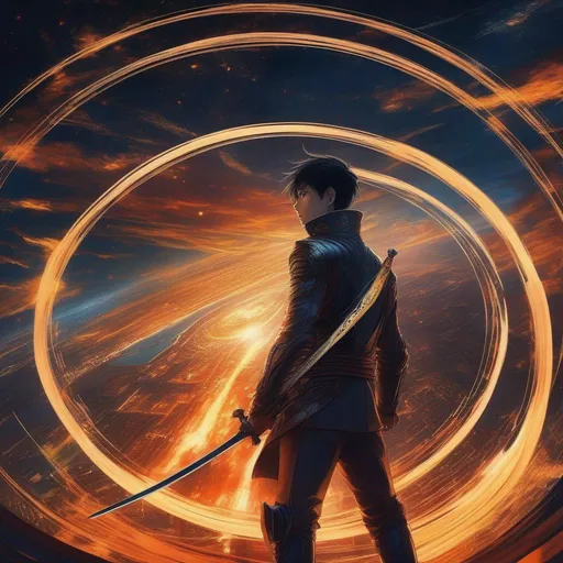 Prompt: {{anime cyberpunk swordsman standing in a ring of fire looking intently at the viewer}},  outer space background, highly detailed, hayao miyazaki