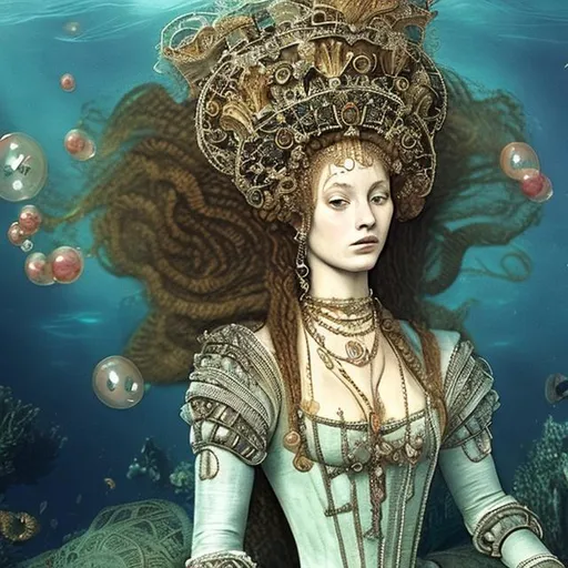 Prompt: woman in 16th century dress underwater lounging.  hair, elaborate hair, fabric, lace, bubbles. crown, jewels, queen.