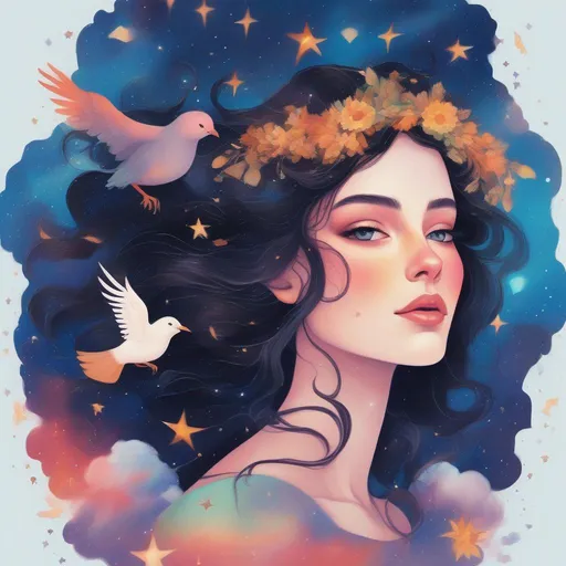 Prompt: Colorful and beautiful Persephone with brunette hair surrounded by clouds and birds framed by constellations and stars