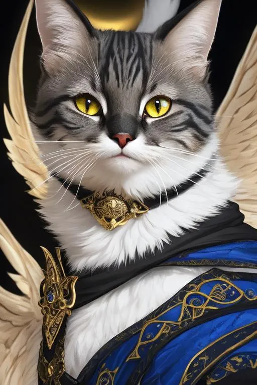 Prompt: 4 winged cat, 4 eyes, (masterpiece), (best quality:1.2), (intricate detail), dynamic angle, looking at viewer, (1male), ((solo)), (((full body))), (slender), (((tabaxi))), (((white fur))), ((blue pupils)), (((light armor))), black armor, ((cloak)), mysterious, ((ominous expression))