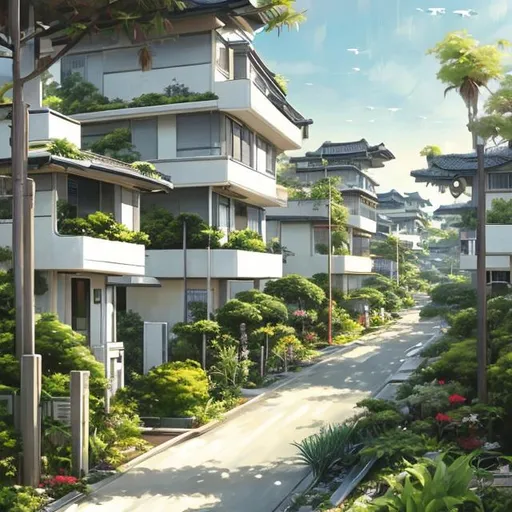 Prompt: White futuristic houses suburb in Japanese style with lot of plants hiper-realistic oil paint 
