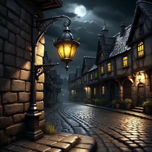 Prompt: Warhammer fantasy RPG style street lamp at night, high quality, realistic light, realistic shadows, realistic textures, detailed fantasy illustration, after rain, dimly lit cobblestone street, intricate metalwork, eerie atmosphere, dramatic shadows, warm and moody lighting, rich details, atmospheric, fantasy, RPG, ,dimly lit, eerie, dramatic shadows, warm lighting, detailed metalwork, cobblestone street, night scene, black cat with yellow glowing eyes seen in distance