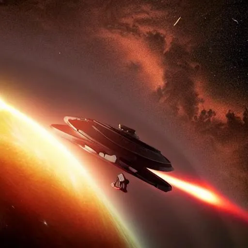 Prompt: A starship that is a mix of Star Trek and Star Wars approaches another ship that is in orbit of a black hole. , cinematic lighting photo-realistic
