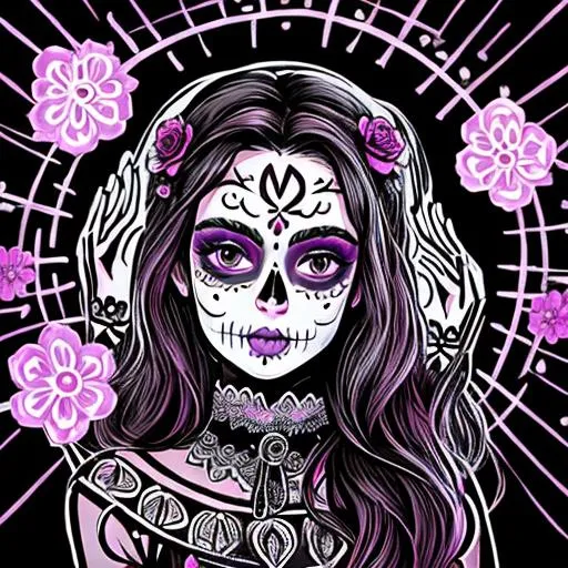 Prompt: female day of the dead hand drawn transparent background 