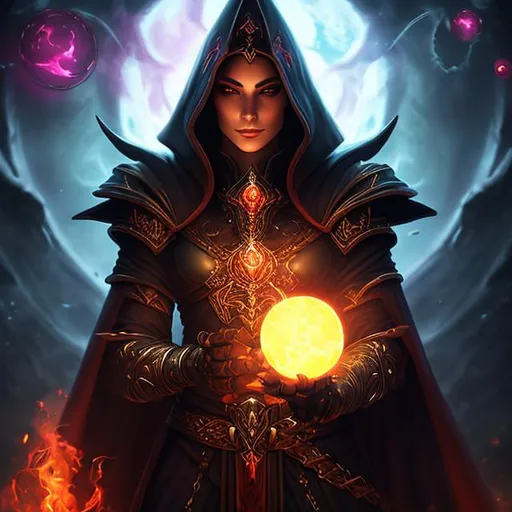 Prompt: portrait of a Diablo necromancer with glowing red orb in hand and ritual dagger in hand, dark fantasy style art, fire mage, painted in the style arcane, dark witch character, dark fantasy character design, in style of dark fantasy art, female mage conjuring a skeleton, dark fantasy female magician, glowing blood aura, bone spell, beautiful necromancer, female necromancer, 4k, close up, dim lighting