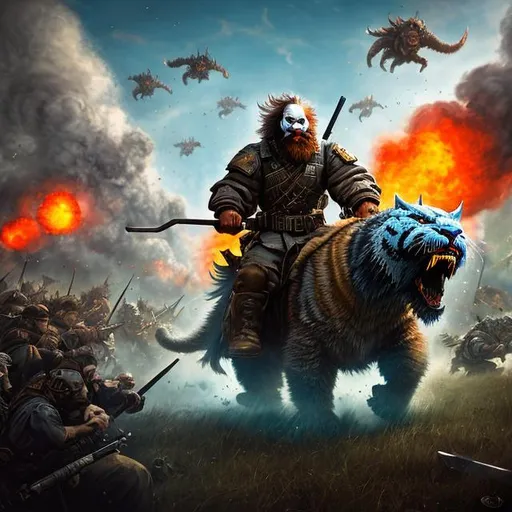 Prompt: One psychotic bearded clown charging into battle with his giant guard sabertooth cat, surrounded an army of monsters, wounded, holding guns, hyperrealistic, dystopic, war, standing, explosions, alien invasion, dark, gritty, battlefield, ww3, robots, tanks, gun sword, battle scene,  dragons, severed heads