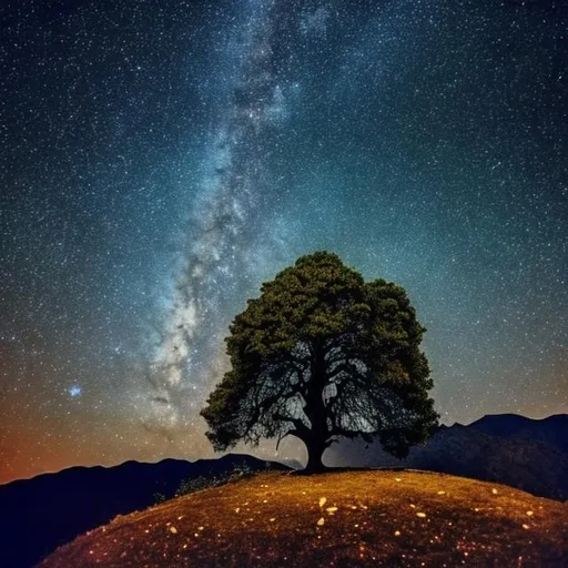 Prompt: 
There is a single tree on top of a hill. It is night and the sky is full of stars