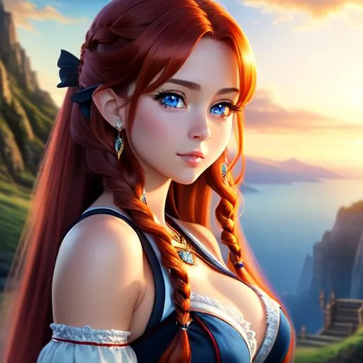 Prompt: {{{{highest quality concept art masterpiece}}}} oil painting, {{visible textured brush strokes}},

hyperrealistic intricate perfect full body of flirtatious seductive attractive cute gorgeous beautiful stunning feminine 2 year anime like hobbit girl with 
{{hyperrealistic intricate perfect  fiery red long braid beautiful hair}} 
and 
{{hyperrealistic perfect clear blue eyes}} 
and hyperrealistic intricate perfect seductive attractive cute gorgeous beautiful stunning feminine face wearing 
{{hyperrealistic intricate red and white wool adventurer's robes}}

soft skin and light blue  blush cheeks and scary sadistic mad, 
face 
perfect anatomy, perfect composition approaching perfection, 

hyperrealistic intricate warm summer sunrise forest in background, {{sunrise}}, 

anime vibes, 
fantasy, 
cinematic volumetric dramatic 
dramatic studio 3d glamour lighting, 
backlit backlight, 
128k UHD HDR HD, professional long shot photography, 
unreal engine octane render trending on artstation, 

triadic colors,
sharp focus, 
occlusion, 
centered, 
symmetry, 
ultimate, 
shadows, 
highlights, 
contrast, 