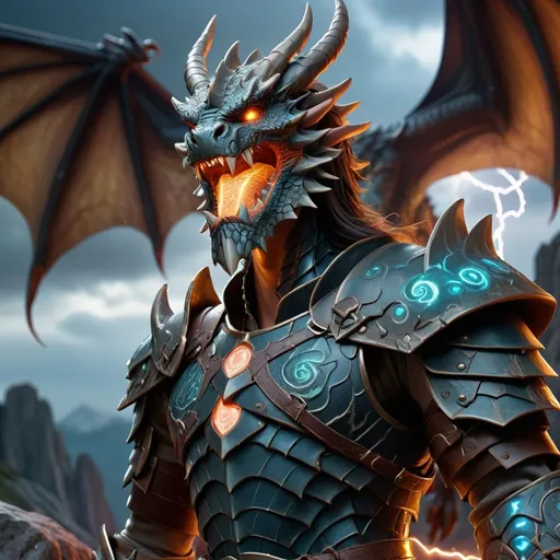 Prompt: A hyper-realistic dragon lord character in a Dungeons & Dragons fantasy setting. The dragon lord has a fearsome, regal presence, with powerful dragon wings, dark scaled armor, and glowing eyes. His body is a blend of dragon and humanoid features, with sharp claws, horns, and a long tail. He stands atop a rocky cliff, with a stormy sky and distant mountains in the background. His armor is adorned with intricate details, ancient runes, and a glowing magical weapon in one hand. The scene is illuminated by lightning and dark magic swirling around him, creating a sense of power and danger.