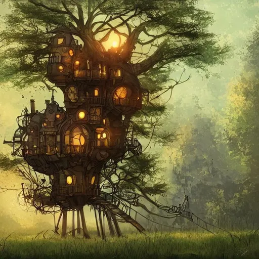 Prompt: a steampunk treehouse in a meadow, evening light, fantasy, artstation, illustration
