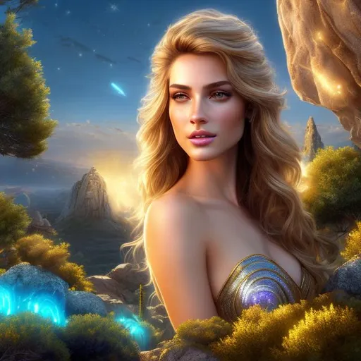 Prompt: HD 4k 3D 8k professional modeling photo hyper realistic beautiful happy young woman ethereal greek goddess of praise
gold hair blue eyes gorgeous face black freckled skin shimmering dress jewelry full body surrounded by magical glowing light hd landscape background standing on a hill with pine trees and rocks at sunlight with eagles