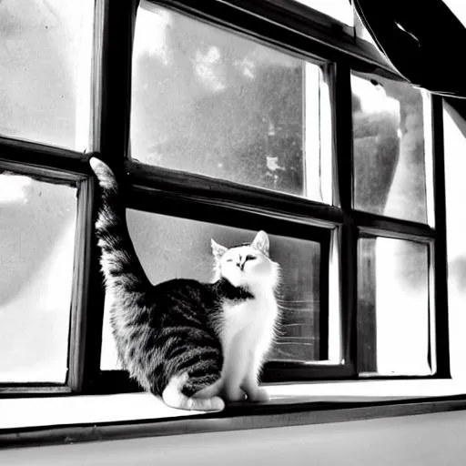 Prompt: A cat sitting  on the window cartoon style and use black and white colors