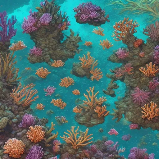 Prompt: intricate dnd underwater coral battle map colorful anemones starfish muck

