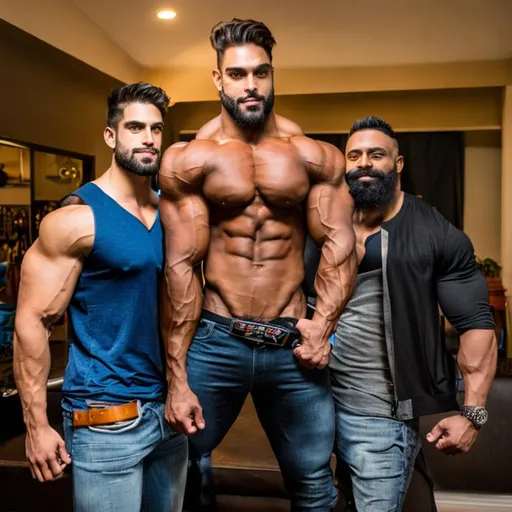 Prompt: A giant tall handsome muscular model bodybuilder fills the room, dwarfing the other men 