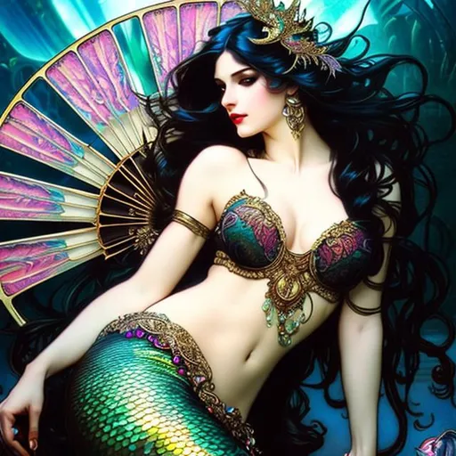 Prompt: Attractive mermaid goddess with fan fish tail, Alphonse Mucha, Luis Royo, Joyce ballantyne, black hair,  high contrast, colorful polychromatic, ultra detailed, ultra quality, CGSociety, depth of field