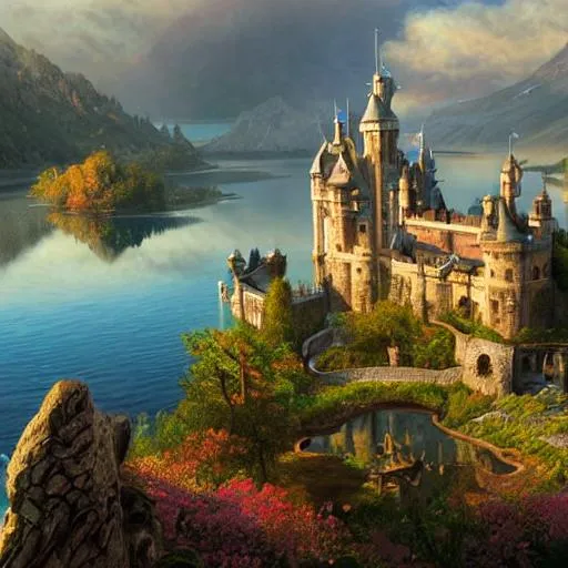 Prompt: A beautiful realistic detailed castle, soft sunrise lighting, John Howe, Andreas Rocha, unreal engine, popular on artstation, ultrawide angle, f16, polarizer filter,  8k, realistic, colorful, with a beautiful lake shining from the sun next to the mysterious castle