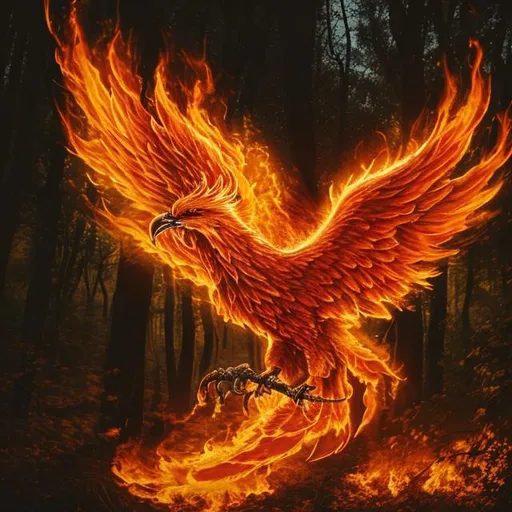 Prompt: a fire phoenix in the woods