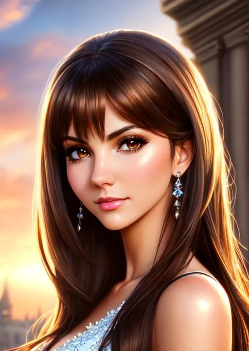 Prompt: best quality, realistic, masterpiece, an extremely delicate and beautiful, CG, extremely detailed , highres, extremely detailed, castle background, victoria justice, beautiful detailed girl, head and shoulder body, realistic, dress, beautiful detailed brown eyes, light on face, cinematic lighting, brown long hair