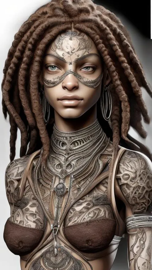 Prompt: Masterpiece, uncompressed images, 8k, extremely beautiful woman, slim, flawless body ((very detailed)), has long black hair, braided in dreadlocks ((very detailed)), expressive brown eyes ((very detailed)), fair skin  , perfect face ((symmetrical, very detailed)), narrow waist, colored tattoos ((very detailed)), complex tattoos, darkerrcore, wearing 3-piece lingerie set made of black satin, underwired bra with decorative element between the cups, garter belt with suspenders,  transparent black string, lots of details, looking at the viewer, smiling, neutral background, backlight, professional photo, cinematic, sharp focus, highest quality