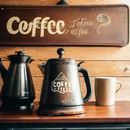 Prompt: a vintage coffee pot sitting on a stove with a wooden sign in the background with the words "Coffee" painted on it