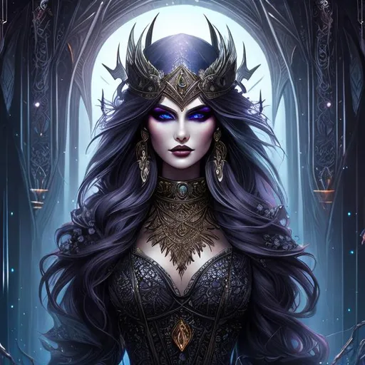 Prompt: {{create a fantasy illustration of a beautifully detailed evil sorceress }} {{cute face, tattoos, red eyes}} {{fantasy concept art, high resolution, best quality, meticulously detailed}}