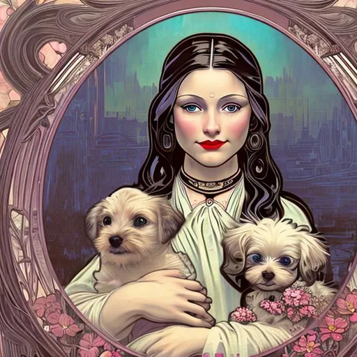 Prompt: a photo of a young woman holding 1 little dog, with white hair sitting in car filled with flowers, looking straight to the camera, big symmetrical blue eyes, little nose, smiling, red lipstick, (photoshot), (zen tangle, flower effects:1. 2), (art nouveau :1. 1), (Alphonse Mucha, Mona Lisa, unreal engine, 8K octane render , art by Rinko Kawauchi, in the style of naturalistic poses, vacation dadcore, youthful energy, a cool expression, body extensions, flowers in the sky, analog film, hyperrealistic, fujii camera, fish eye lens