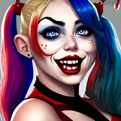 Prompt: Beautiful woman Harley Quinn cartoon portrait 