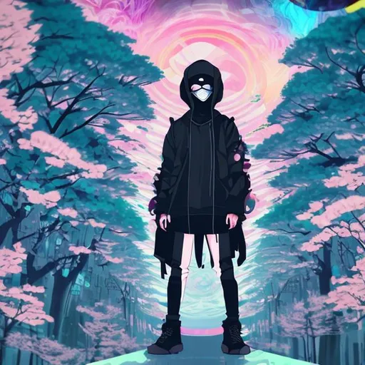 Prompt: Anime character profile wearing all black with mask, apocalypses, city, cherry blossom trees surrounding, pastel colors, trippy psychedelic sky   