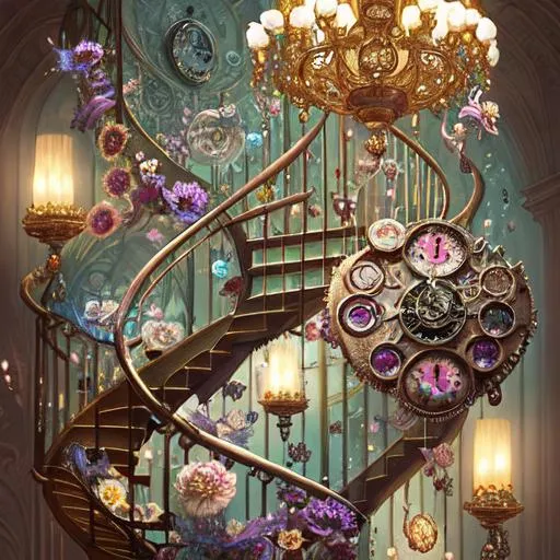 Prompt: painted still life gears in shape of flowers by ambrosius bosschaet, floating in the sky, daniel merriam art, bronze colors, hyper realistic soft focus lighting, fantasy steampunk, spiral staircase, vintage pocketwatch, ambrosius bosschaert art, iridescent water drops, crystal chandelier drops, glitter sparkles, infinite depth, incredibly detailed, ultra realistic, high index of refraction, hyper realistic elegant smooth sharp clear edges, sharp focus, wide angle perspective, ultra realistic, sense of high spirits, volumetric lighting, occlusion, Unreal Engine 5, 8K, UHD Octane, fractal, pi, fBm