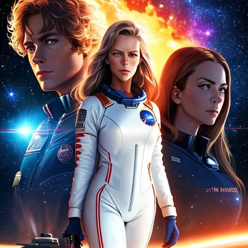 Prompt: modern movie poster, young looking Jamie Lee Curtis in center focus, wearing space suit, straight long hair, firing laser gun, spaceships in background, galaxies on fire, war, castles on fire, royal vibe, highly detailed, digital painting, Trending on artstation , HD quality, tan skin, Big Eyes,artgerm, by Ilya Kuvshinov 