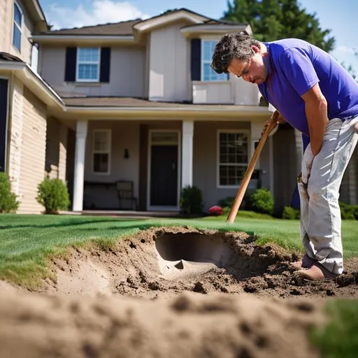 Prompt: a frustrated homeowner standing over a hole with a shovel

