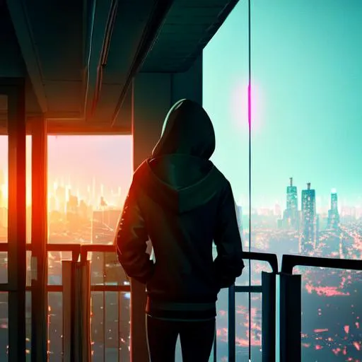 Prompt: Lone adolescence in hoodie looking out from a balcony look towards a black cyber punk city with neon lights, neon lights, 8k, cinematic, Ray tracing, over the right shoulder shot.