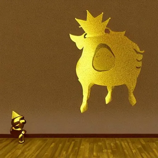 Prompt: a pig with a golden crown shining on the floor with golden wings making him fly