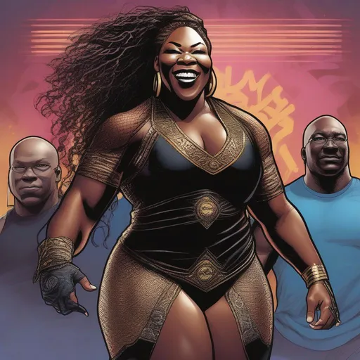 Prompt:   Create an image of Awesome Kong making her grand entrance to the wrestling arena. Focus on her unique attire, incorporating intricate details of her outfit, accessories, and the aura of confidence she radiates as she steps into the spotlight.  illustrated by  Grant Morrison